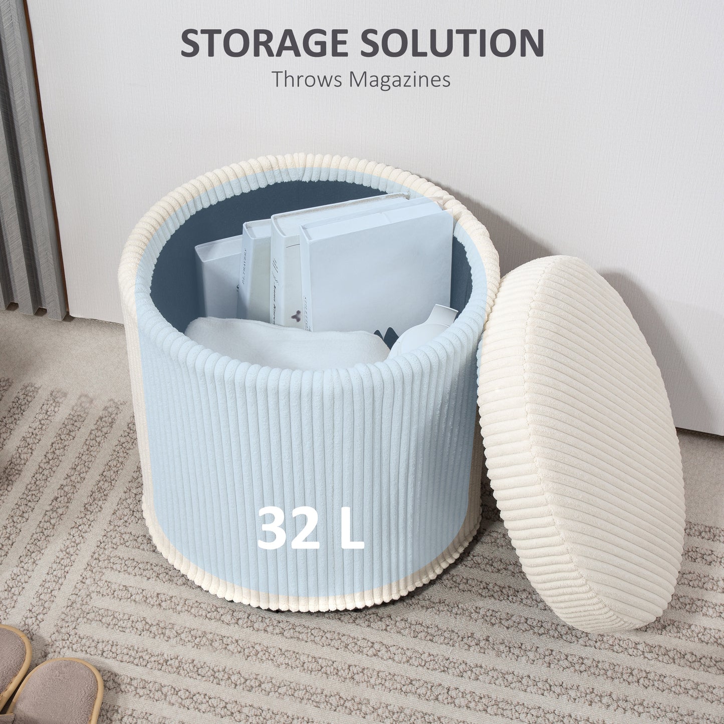 Rokael Round Beige Corduroy Storage Footstool With Removable Lid