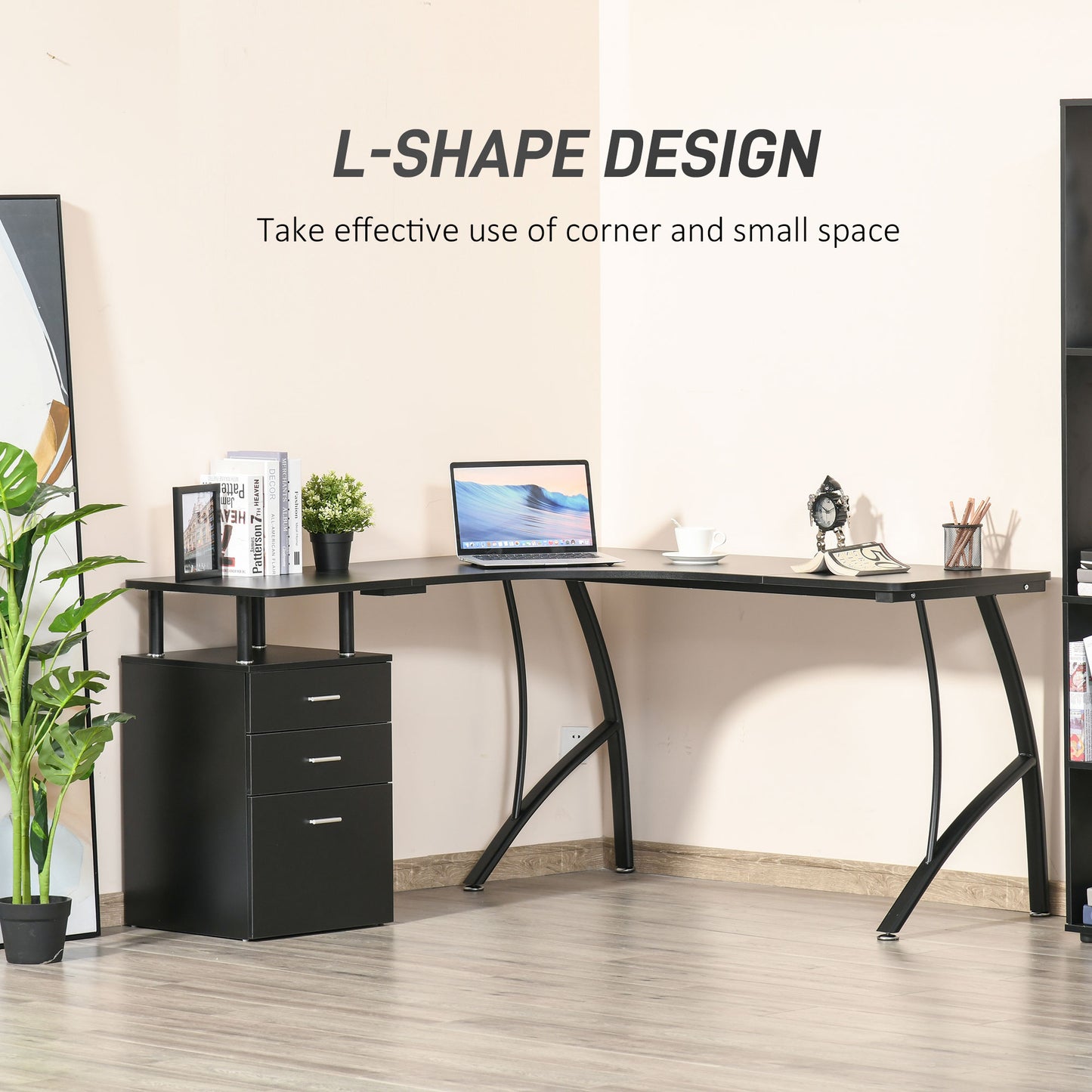 Keba 143cm Metal Black Industrial L Shaped Desk With Storage Drawer