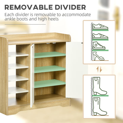 Nopaba Wooden Natural And White Shoe Cabinet With Double Doors And Shelves For 13 Pairs