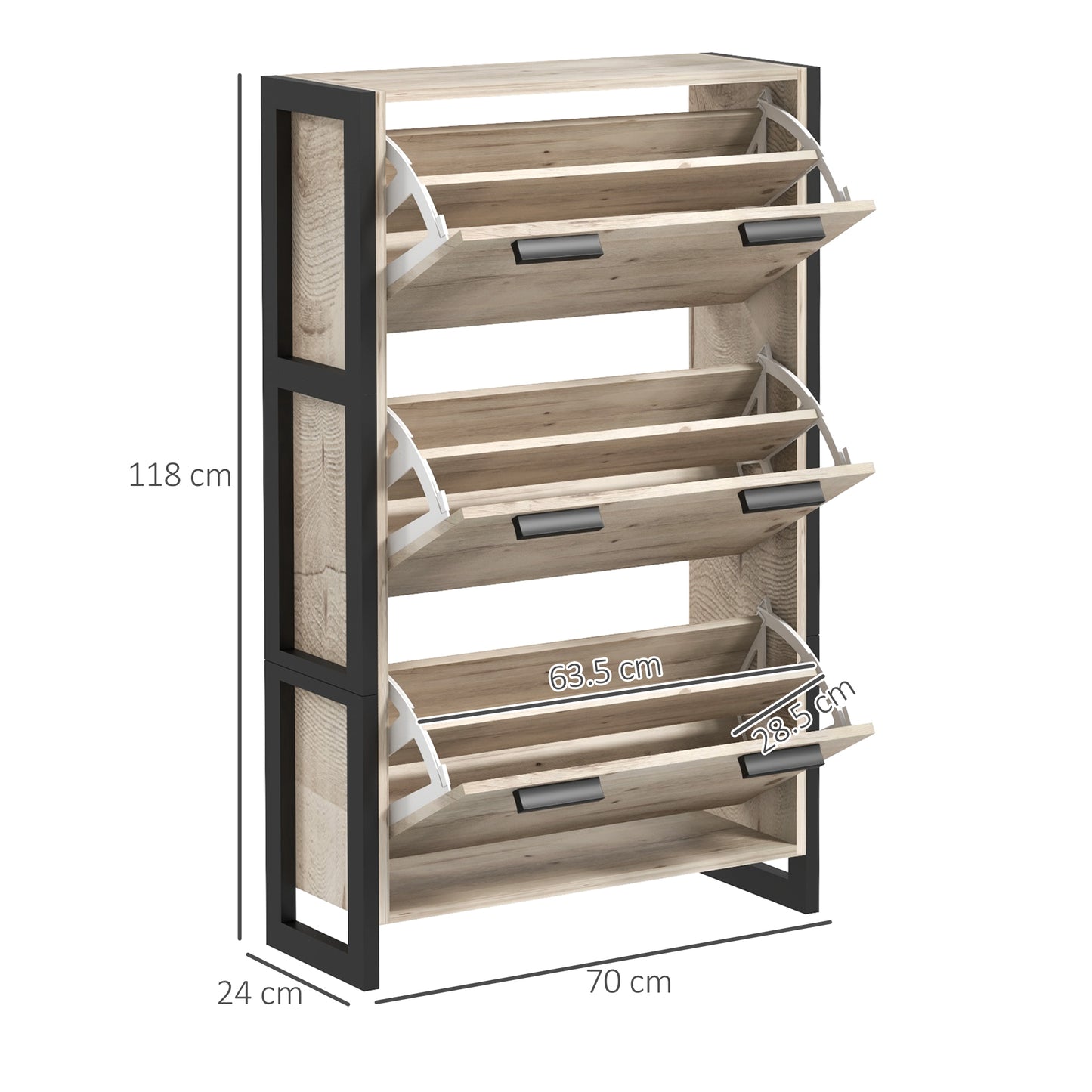 Tona Wooden Natural Wood Effect Slim Shoe Cabinet With 3 Flip Drawers For 18 Pairs