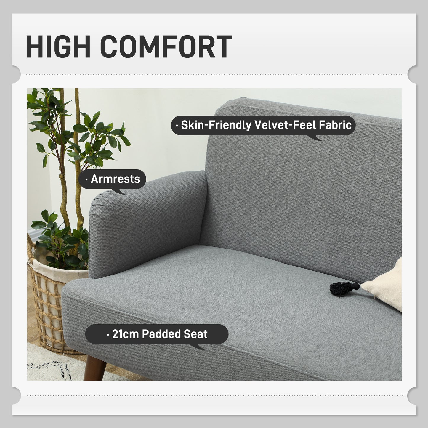 Midi Tami Grey Velvet Compact 2 Seater Sofa With Extra Thick Padding And Wooden Legs