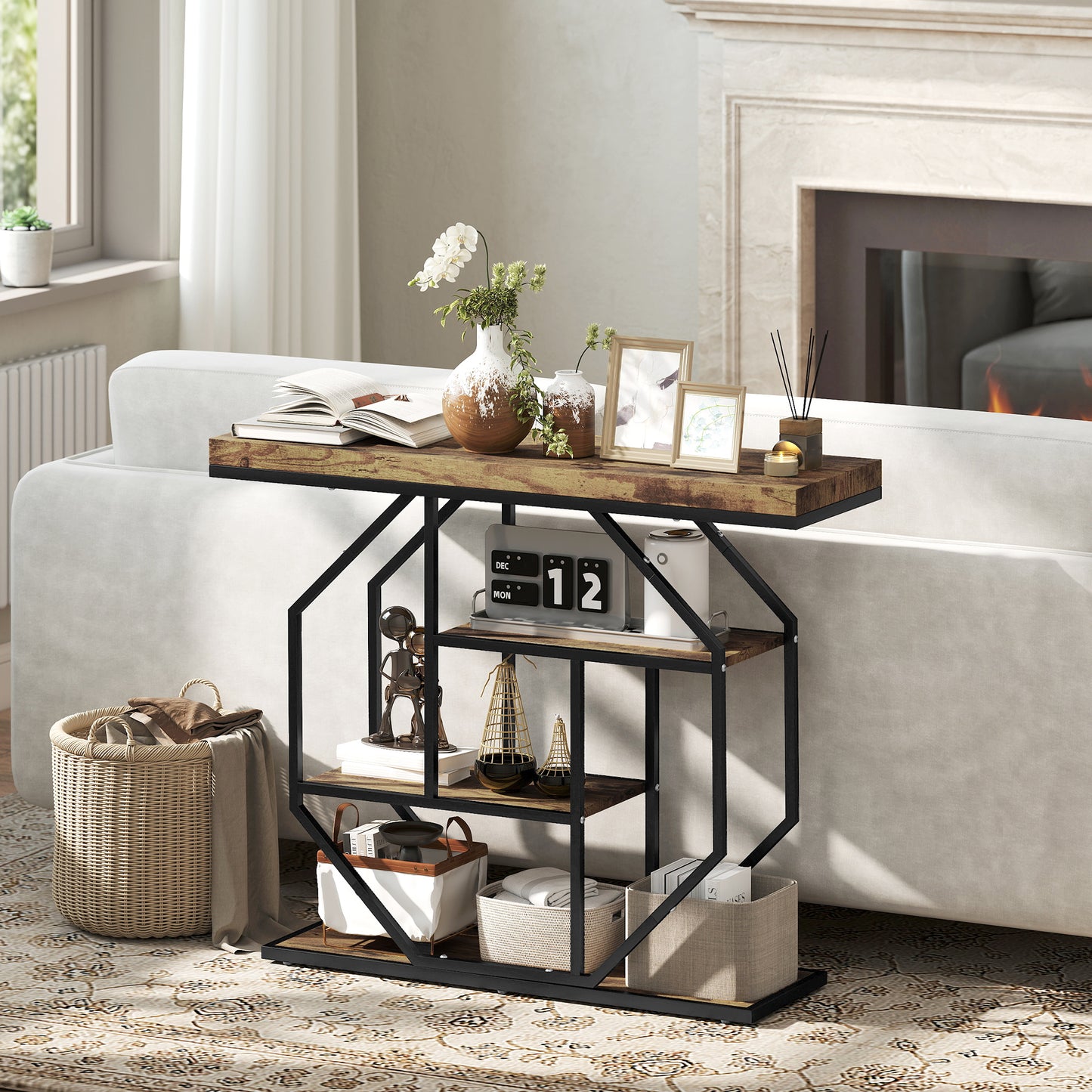 Reello Metal And Wooden Rustic Brown 4 Tier Industrial Console Table