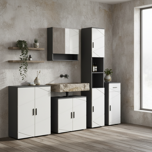 Sekeno 5 Piece Bathroom Furniture Set With Tall Cabinets Mirror And Under Sink Storage Grey