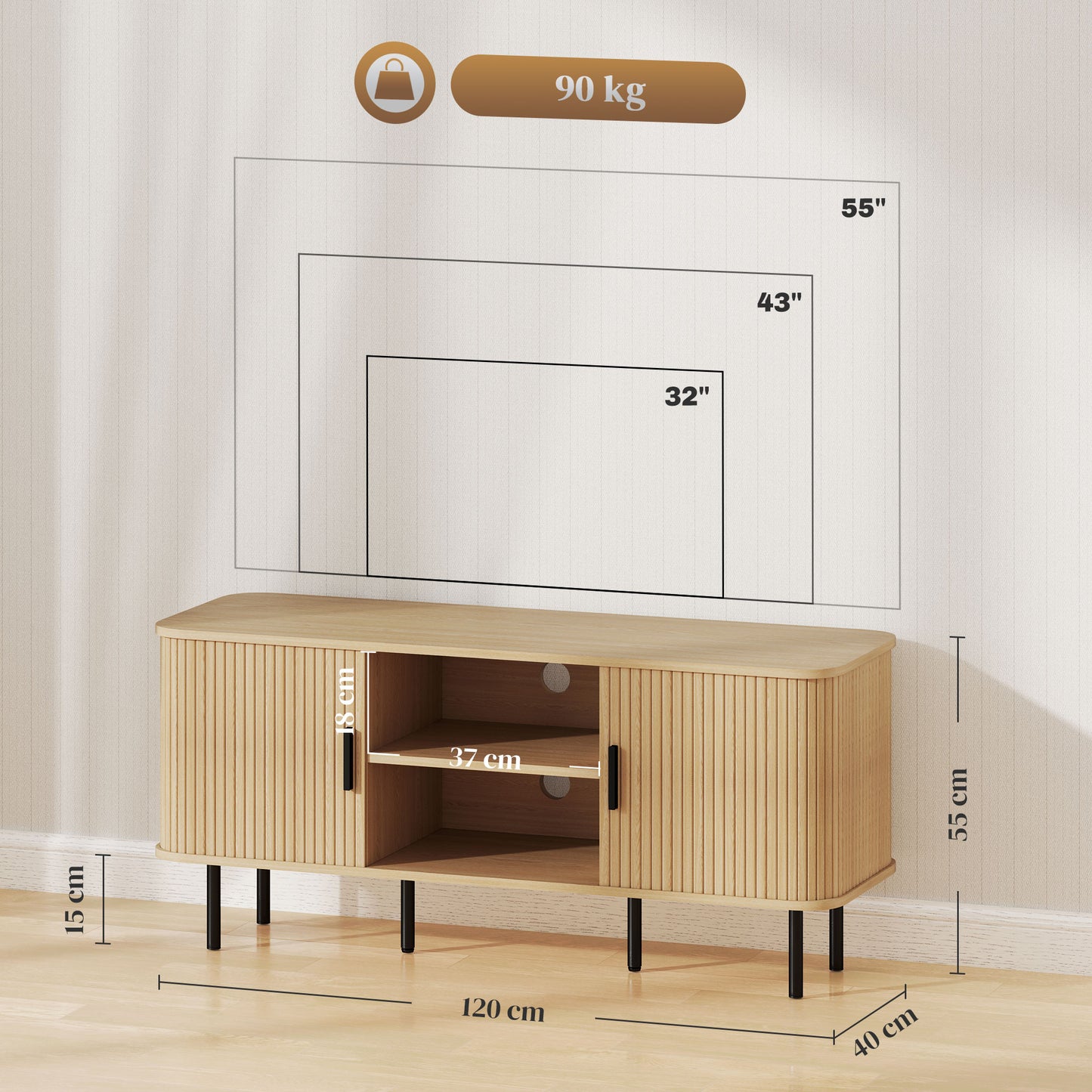 Elnali 120cm Wooden Natural Oak Effect TV Unit With Shelves For Screens Up To 55 Inches