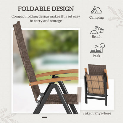 Nabaha Veel Rattan Brown Folding Garden Dining Chairs Set Of 2 With 5 Position Recline And Wood Armrests