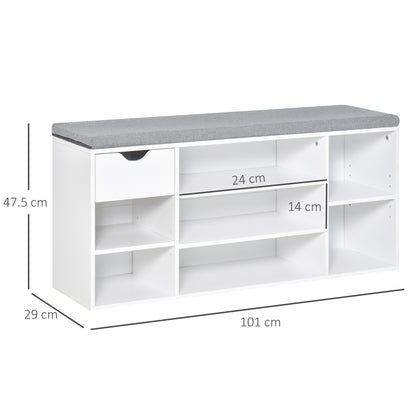 Yoke Wooden White Shoe Bench With Cushioned Seat 1 Drawer 7 Compartments