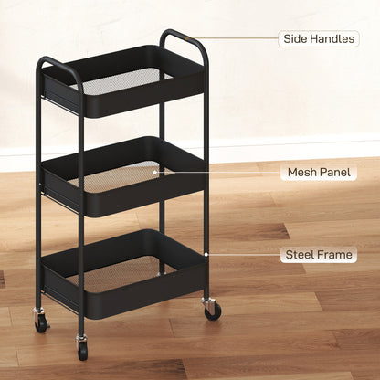 Varafi Metal Black 3 Tier Steel Storage Trolley With Wheels