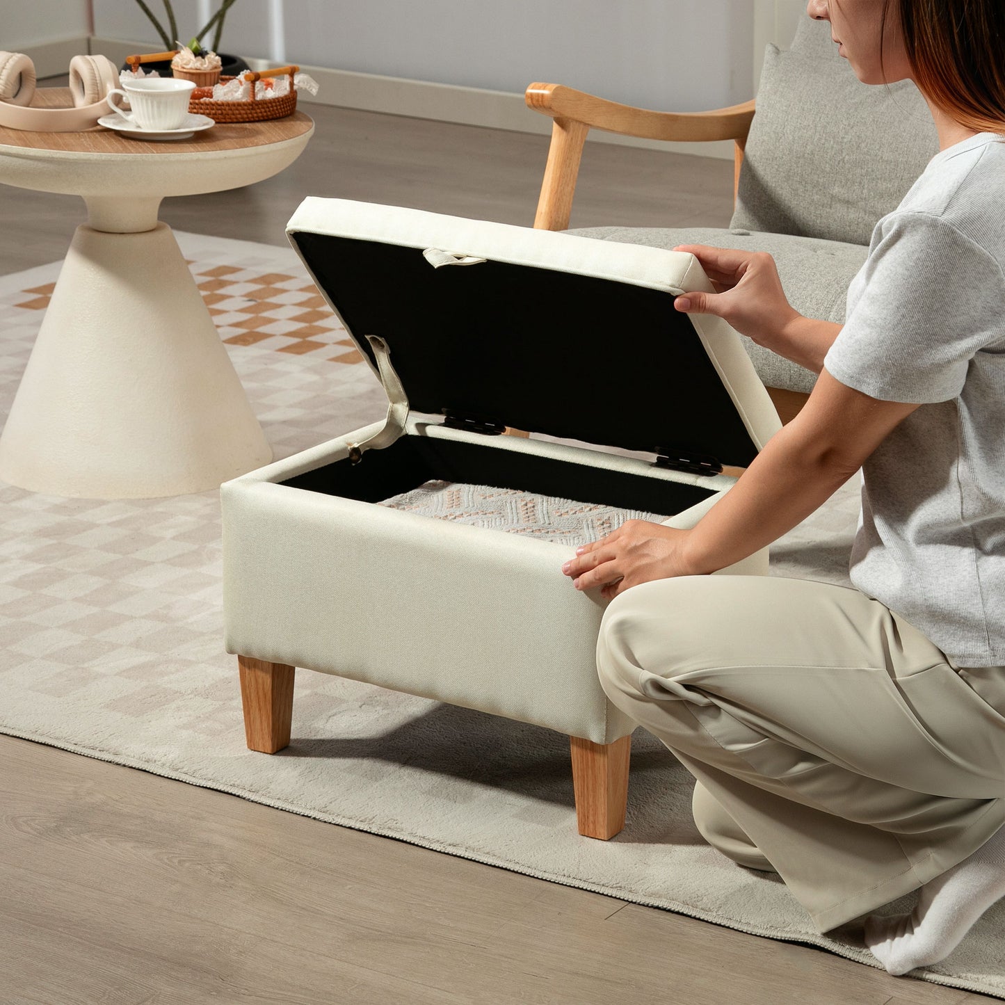 Pase Linen Beige Compact Storage Footstool Natural Wooden Legs