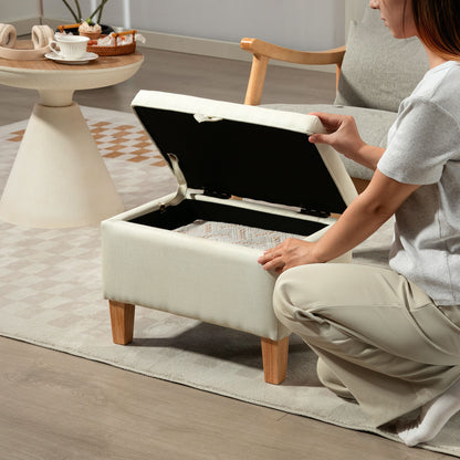 Pase Linen Beige Compact Storage Footstool Natural Wooden Legs
