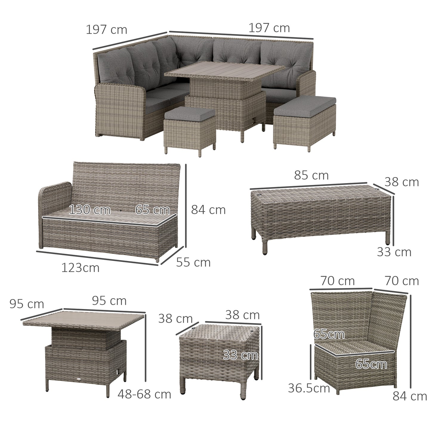 Mirase Light Grey Faux Rattan 9 Seater e Outdoor Corner Sofa Set With Lift Up Coffee Table