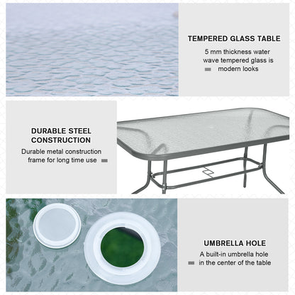 Lemone 140cm Metal Grey Rectangular Garden Dining Table With Glass Top And Parasol Hole