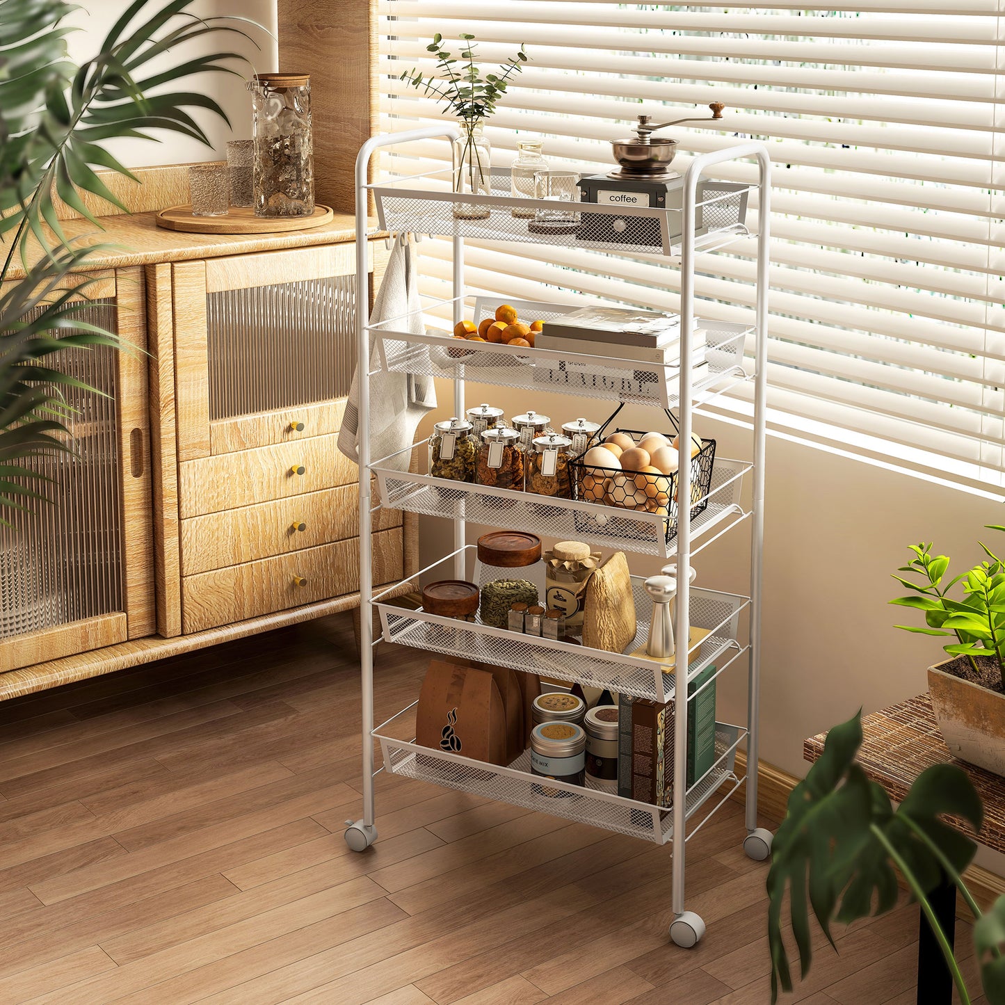 Visovi Metal White 5 Basket Steel Storage Trolley With Wheels