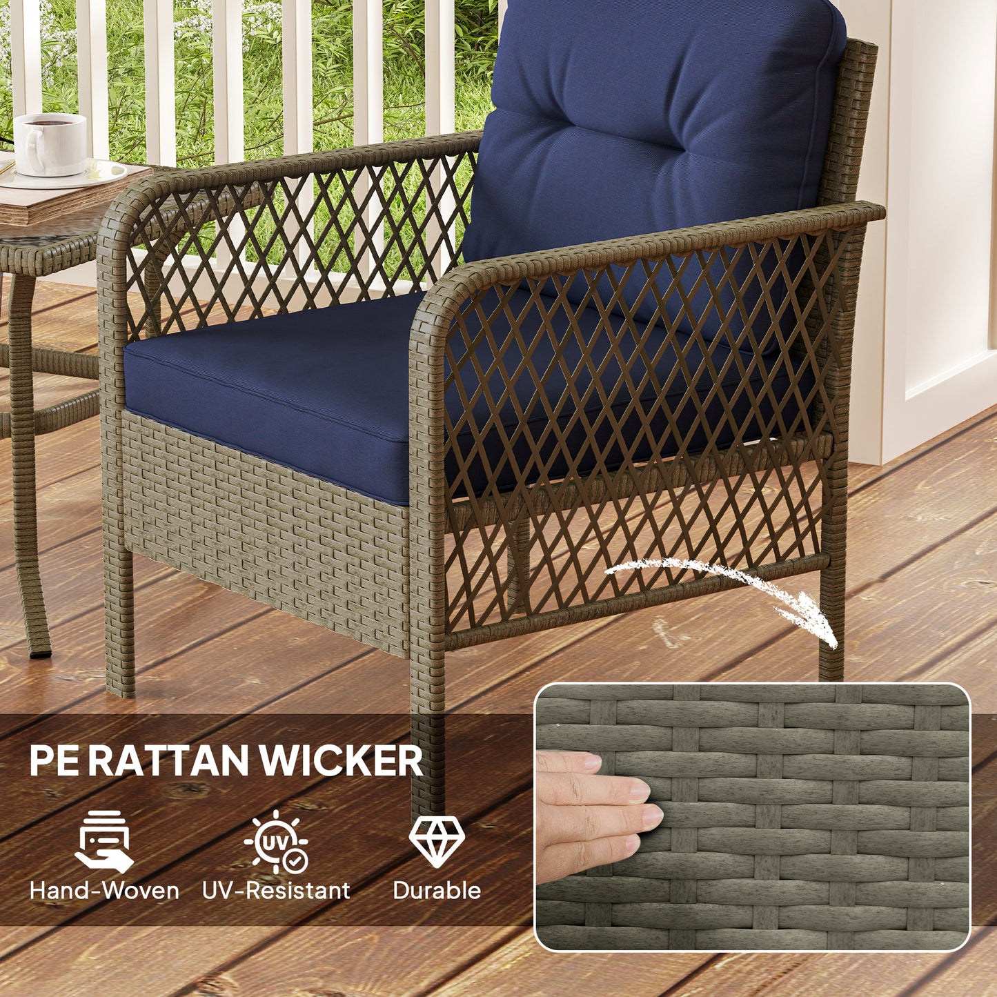 Doli Grey Rattan and Blue Fabric 3 Piece Bistro Set with Glass Coffee Table