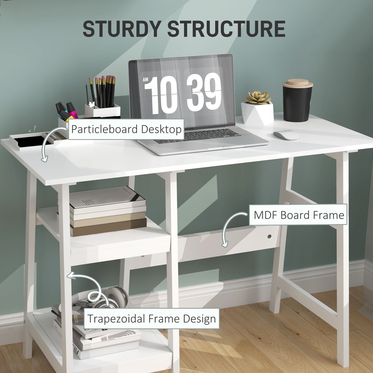 Hakeka 106cm White Wooden Compact Desk With Bookshelf Storage