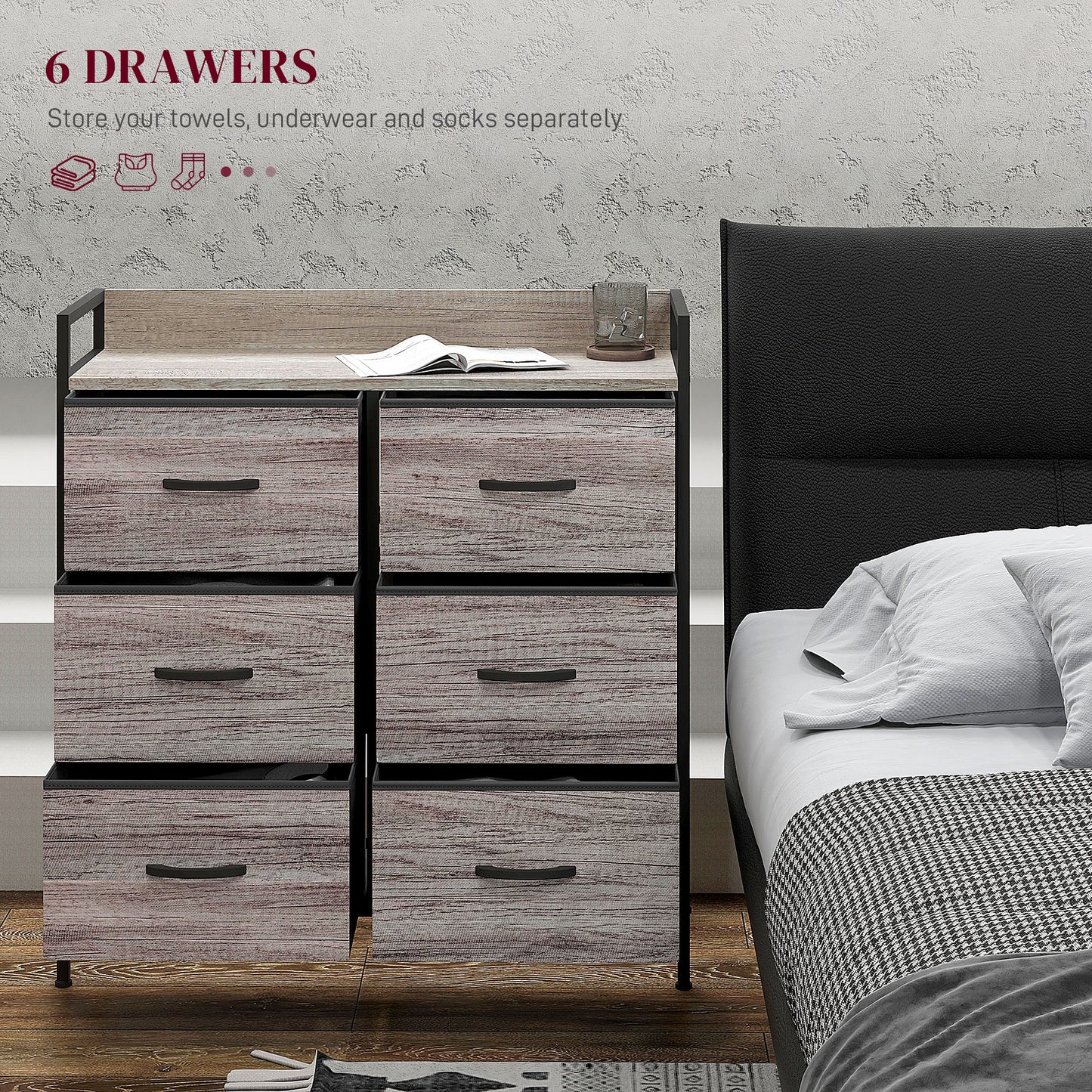 Ferris Fabric And Wood Grey Wood Effect 6 Drawer Rustic Storage Chest