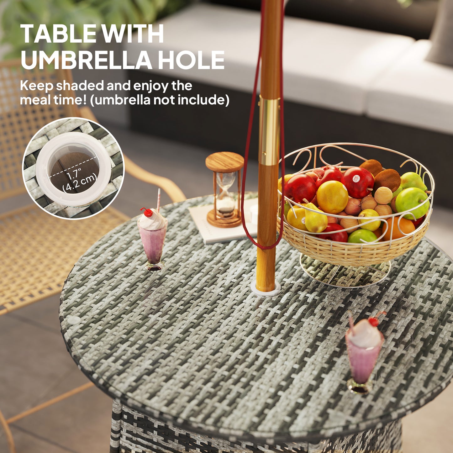 Viveke Rattan Grey Outdoor Coffee Table With Tempered Glass Top And Parasol Hole
