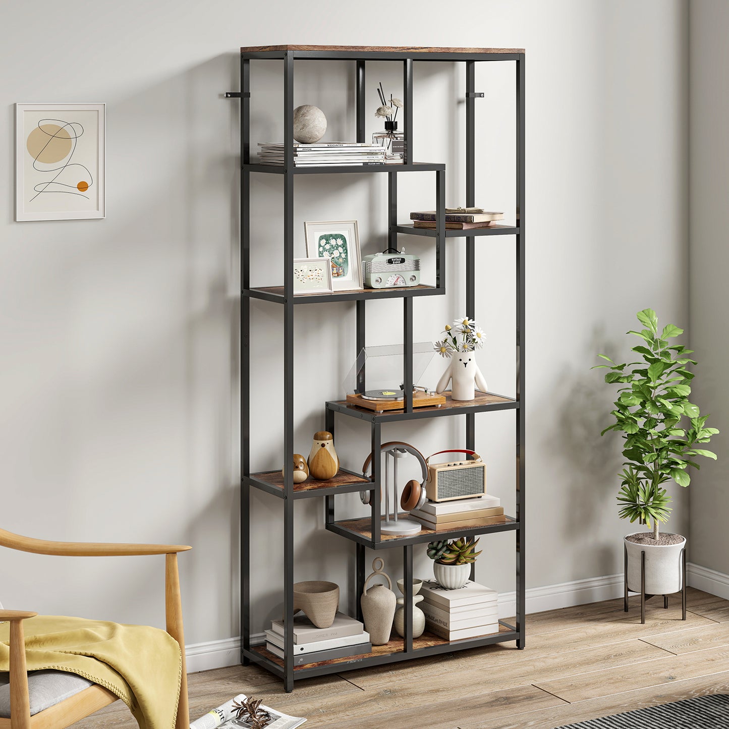 Lulomi Wood And Metal Brown And Black 7 Tier Geometric Display Bookcase