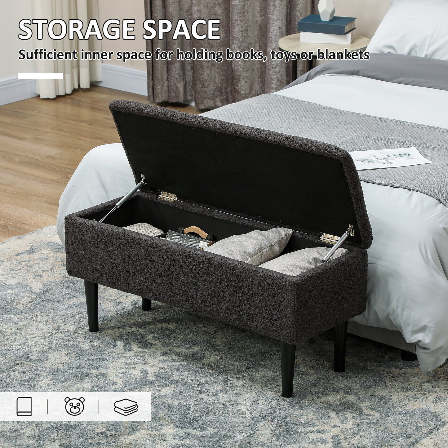 Nevano Boucle Dark Grey Storage Ottoman Teddy Fleece Diamond Tufted Lid
