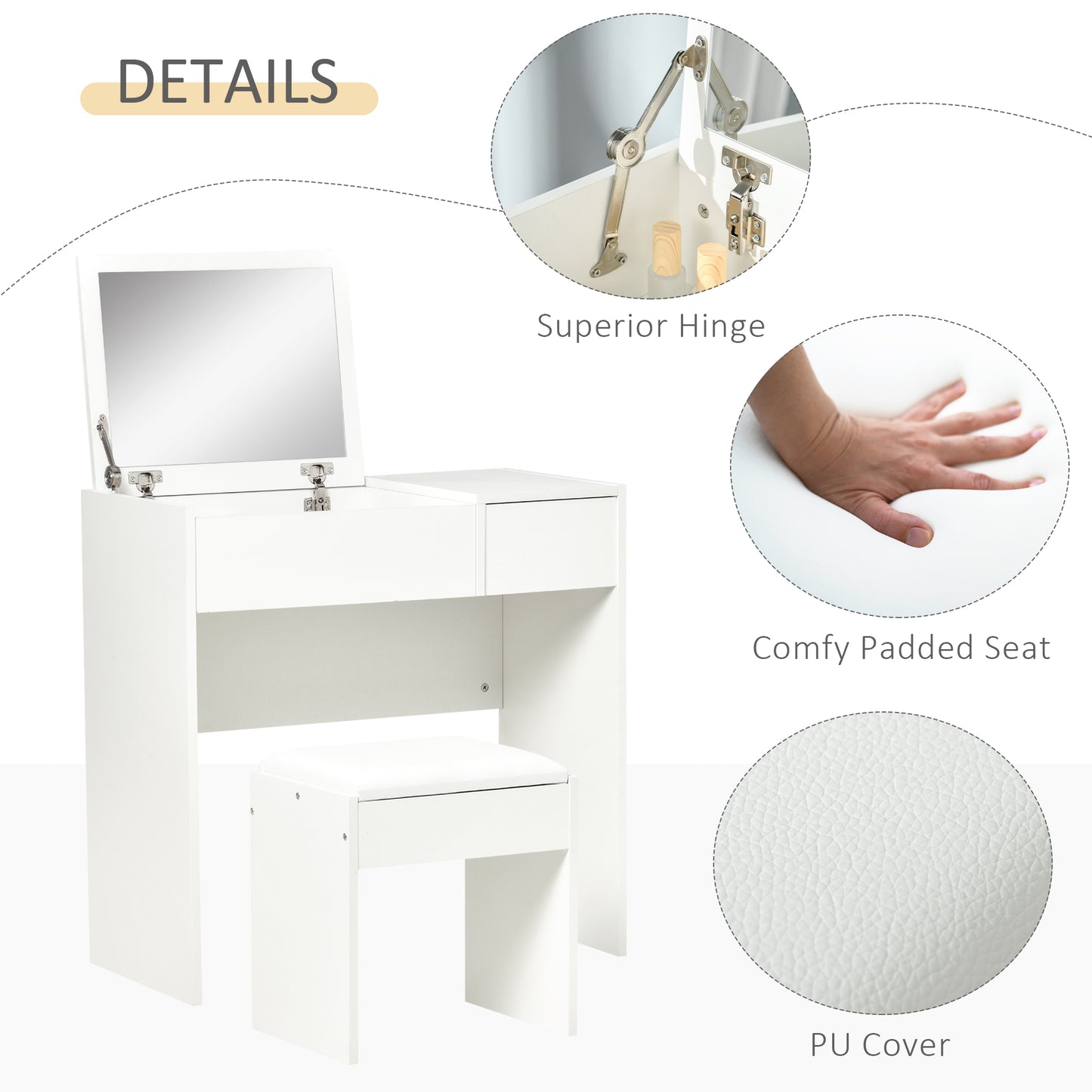 Fimazi Mola White Vanity Desk With Flip Mirror Drawer Storage And Cushioned Stool