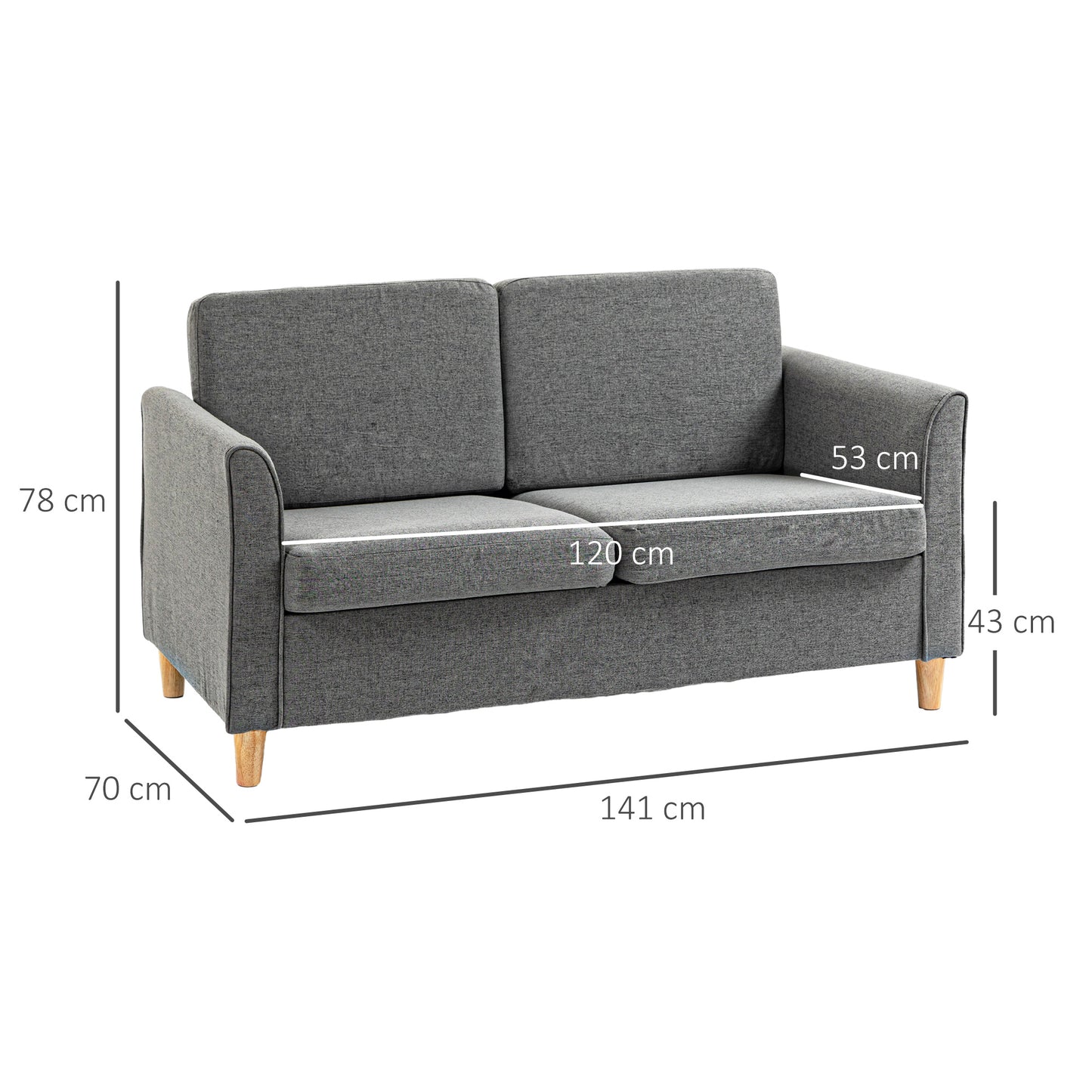Loveka Fabric Grey Compact 2 Seater Sofa With Wooden Legs And Armrests