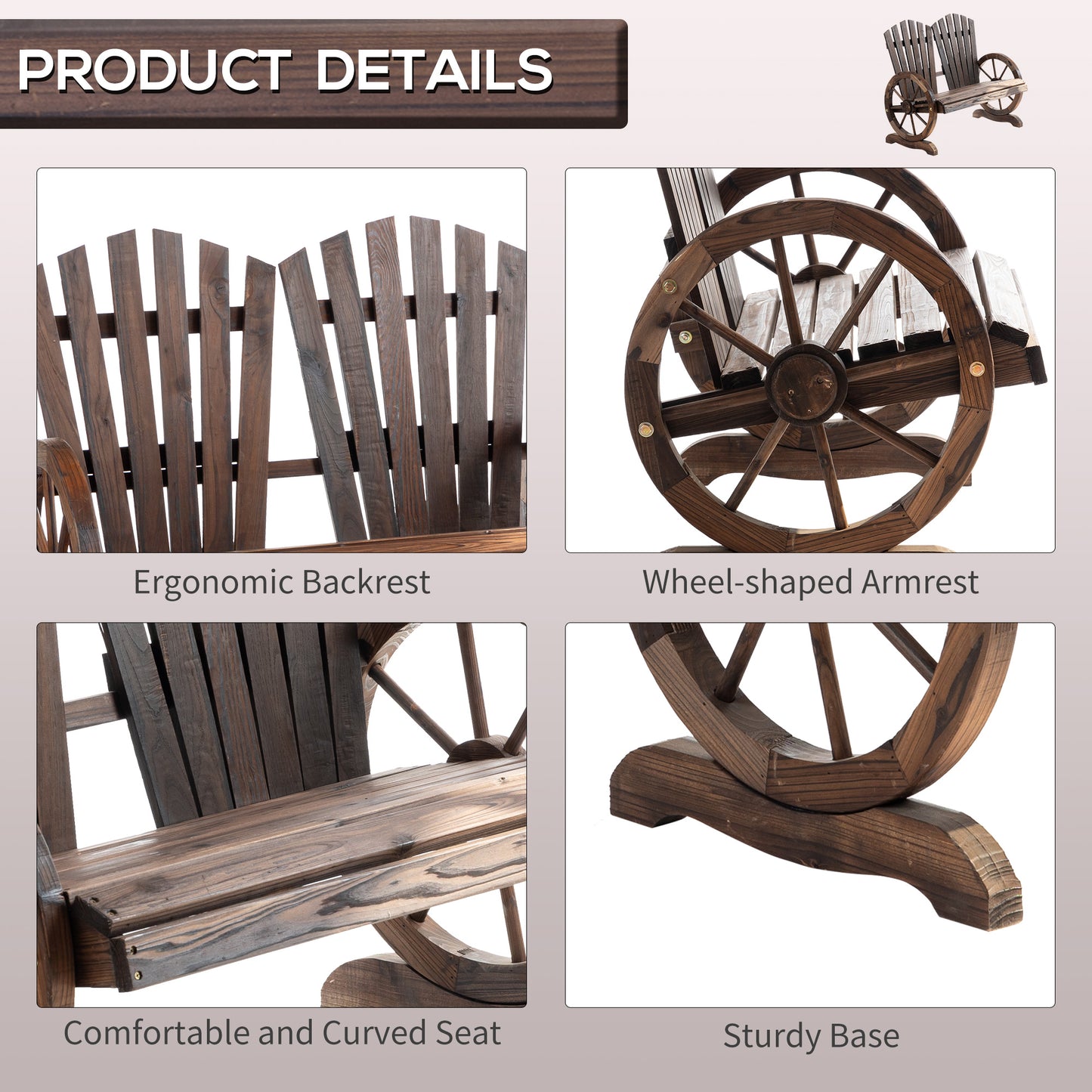Basetti Fir Wood Slatted Natural Love Seat With Wheel Style Armrests