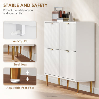 Rokake Wooden White Elegant 4 Drawer Shoe Cabinet Ribbed Design