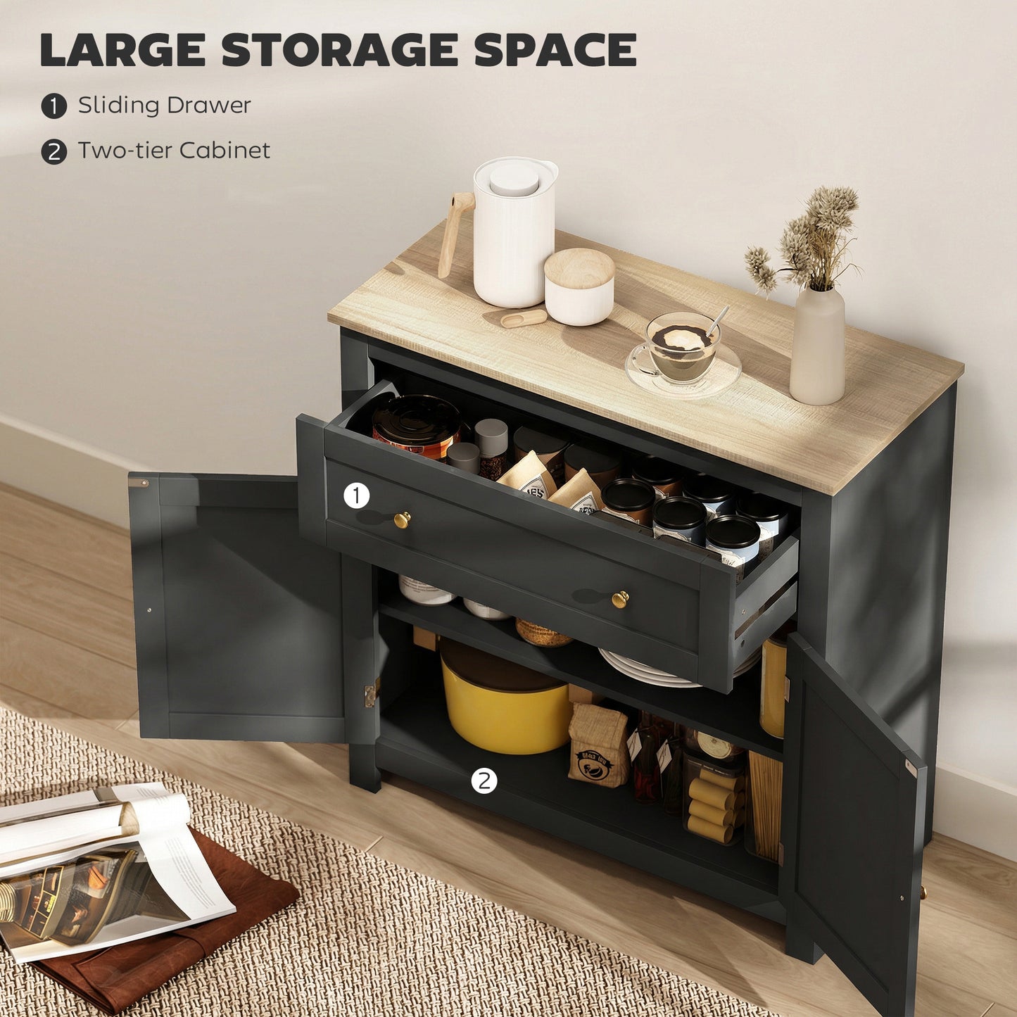 Elrere Wooden Black Modern Sideboard With Drawers Adjustable Shelves And Double Doors