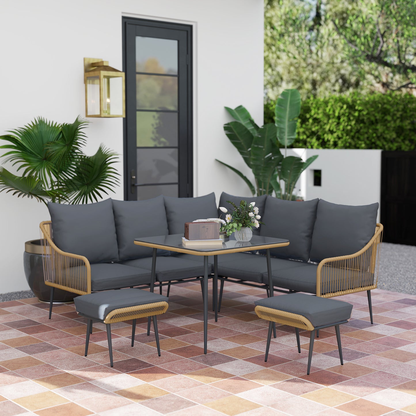 Nofise Rattan Brown and Grey 7 Seater Garden Sofa Set with Coffee Table and 2 Stools