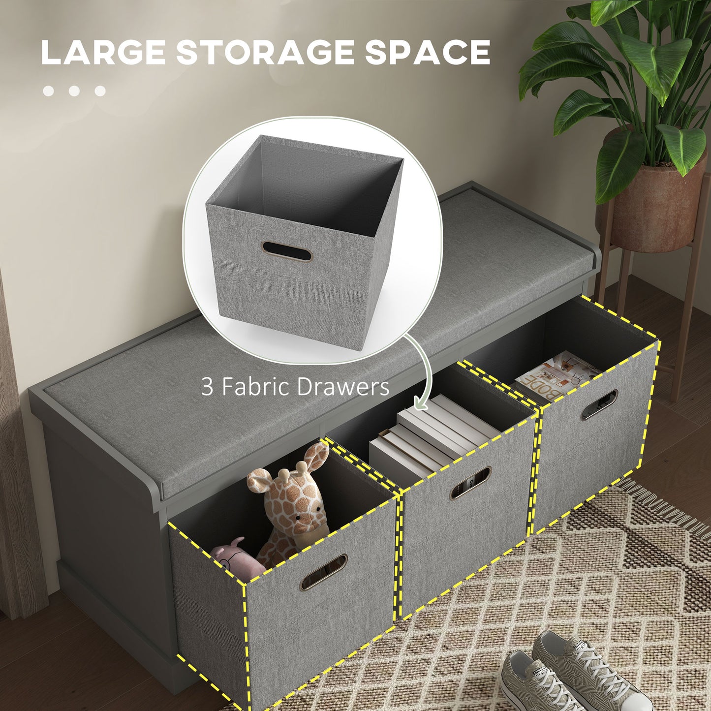 Marari Wooden Grey 3 Drawer Shoe Storage Bench With Padded Seat