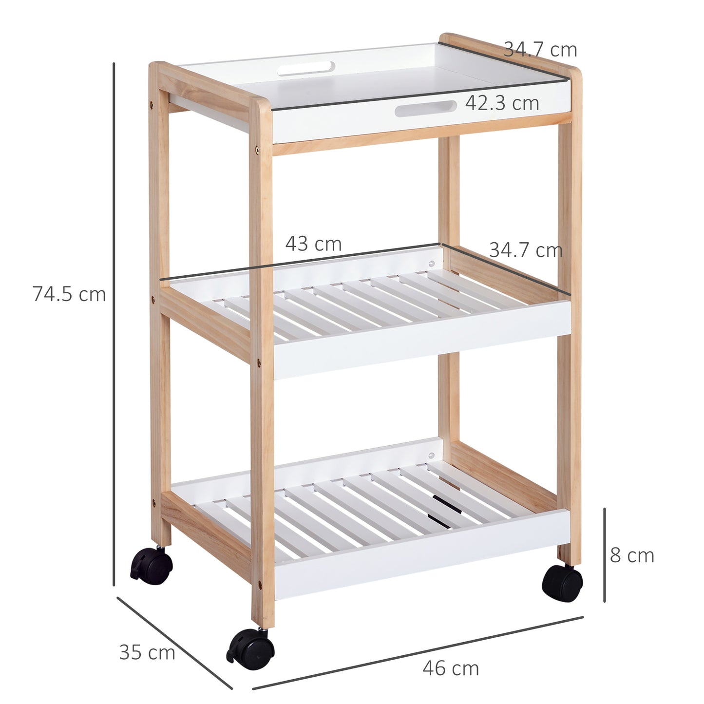 Vesa Wooden White 3 Tier Mobile Kitchen Trolley With Shelves
