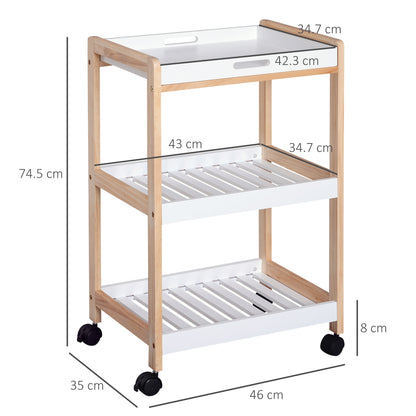 Vesa Wooden White 3 Tier Mobile Kitchen Trolley With Shelves