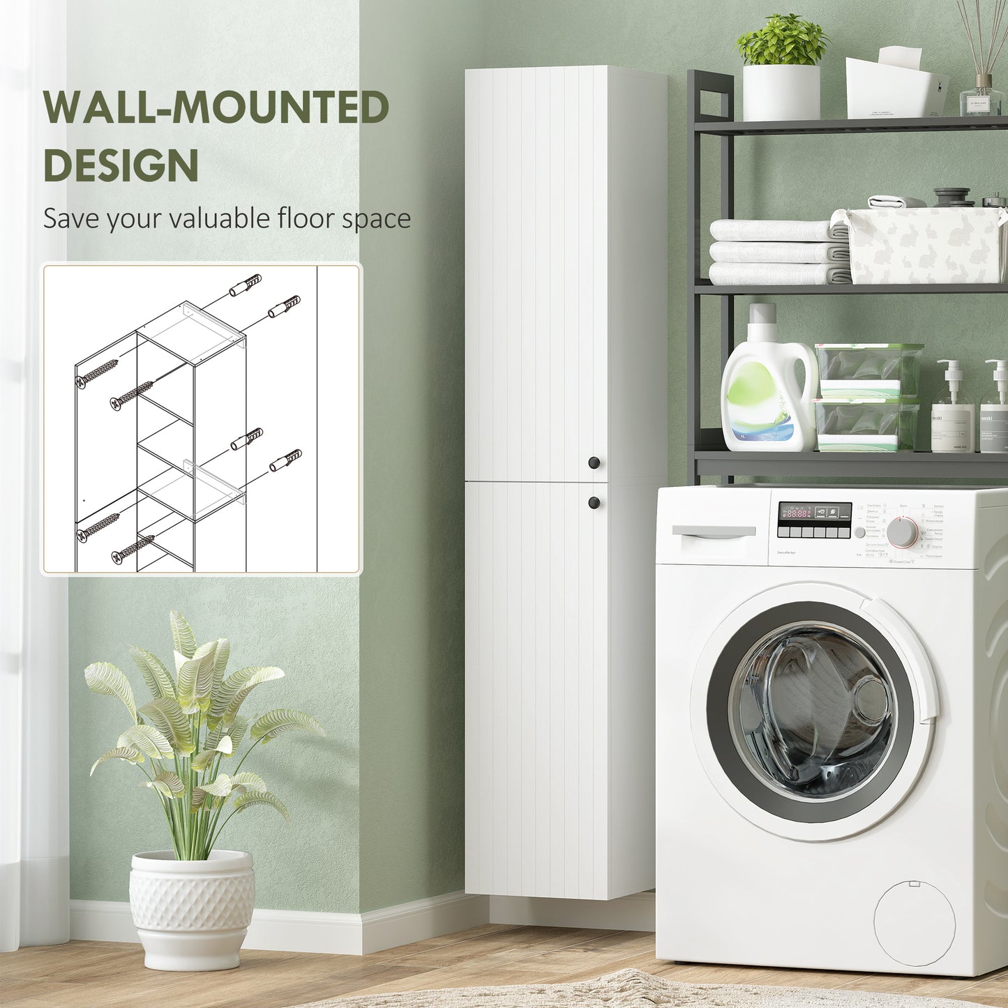 Larena Wall Mounted Slim Bathroom Storage Cabinet With Soft Close Hinges And Double Doors White