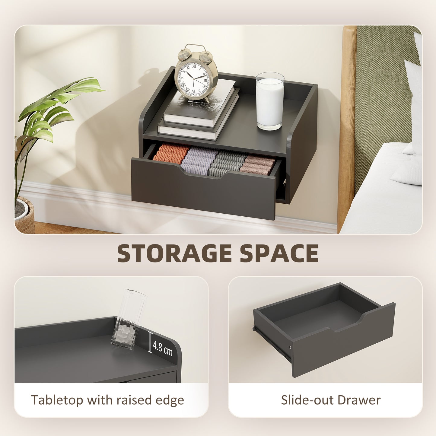 Levaco Set Of 2 Wall Mounted Wooden Black Bedside Tables With Drawer Storage