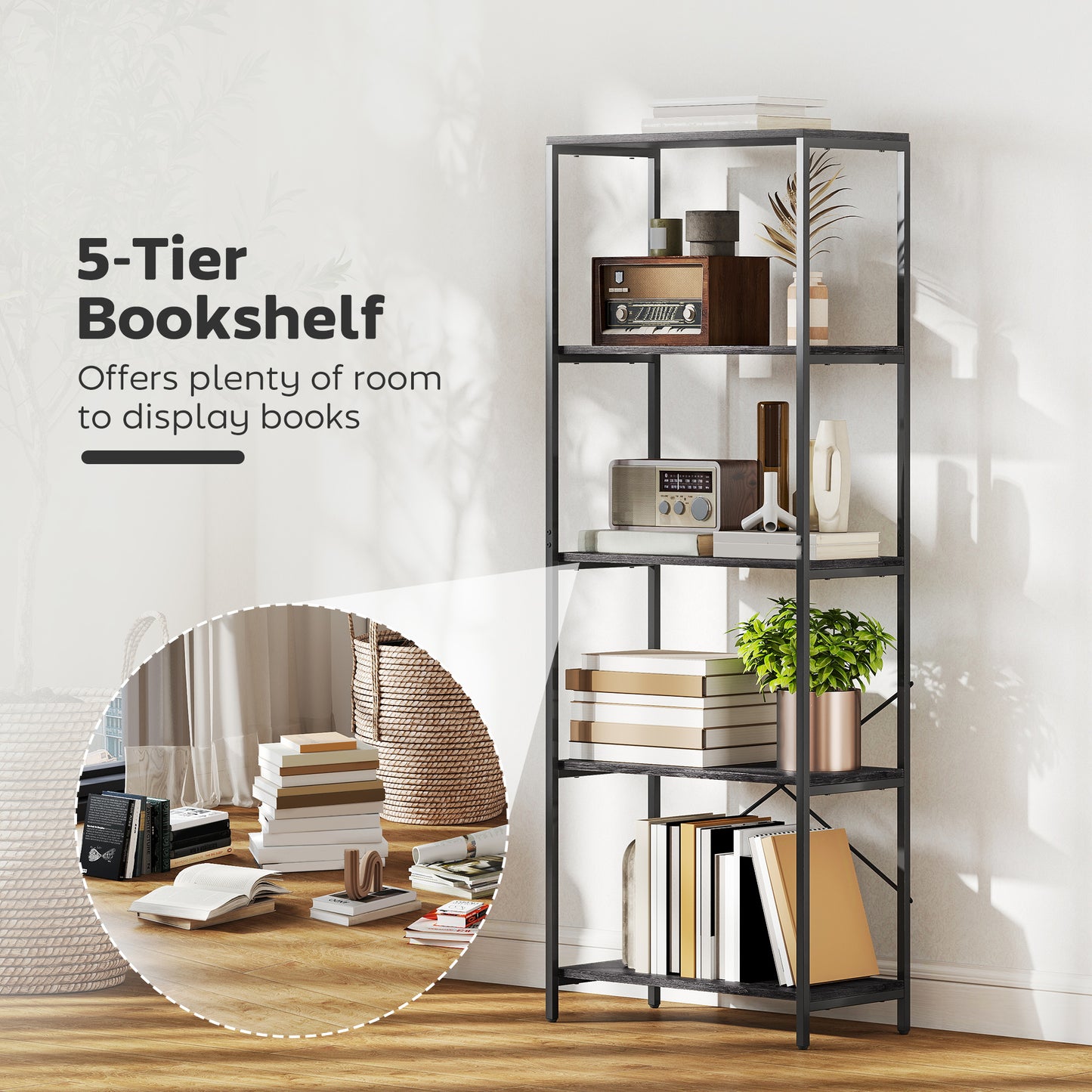 Livemi Metal And Wood Dark Grey And Black 5 Tier Industrial Bookcase