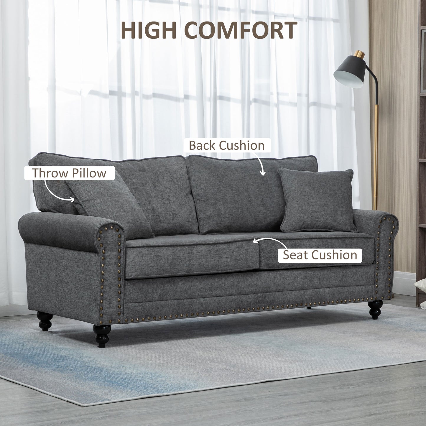 Tael Yolo Grey Fabric 3 Seater Sofa With Nail Head Trim And 2 Cushions