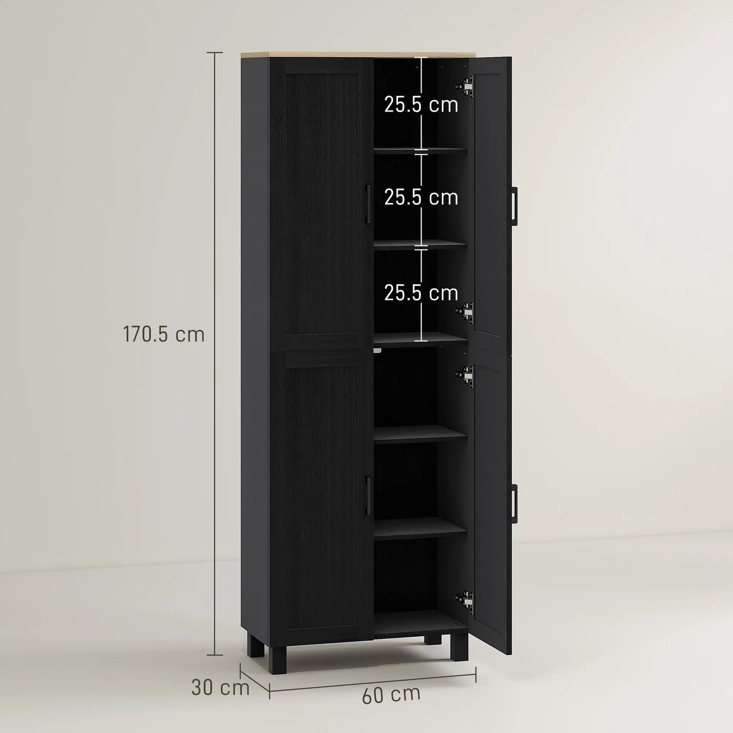 Parare 171cm Wooden Black 4 Door Freestanding Kitchen Pantry Cabinet