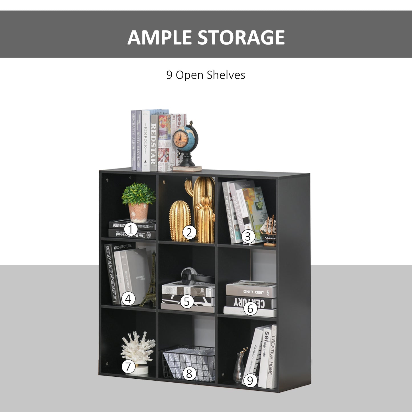 Remamo Wood Black 3 Tier 9 Cube Storage Bookcase