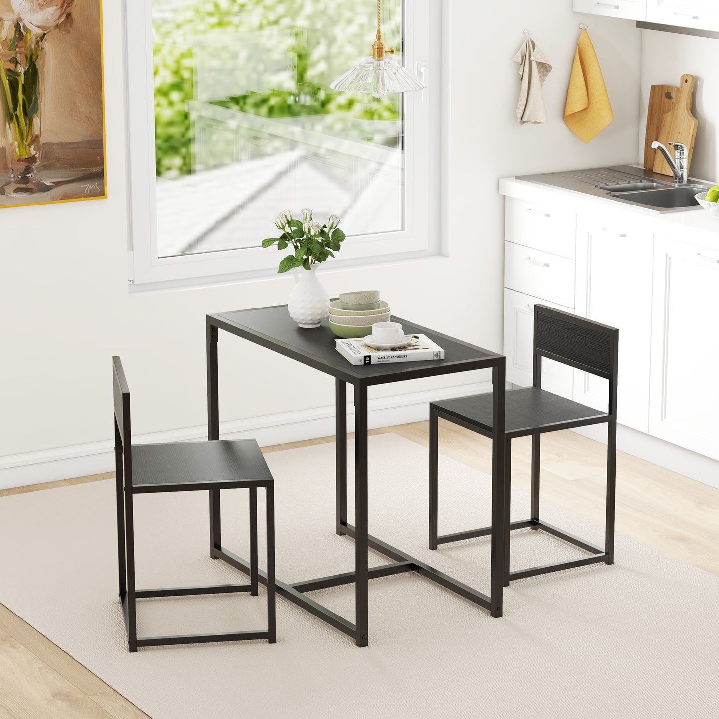 Gafetti Metal And Wood Black Compact Dining Table And Chair Set For Small Kitchens