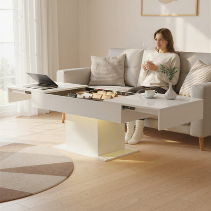 Mara High Gloss White Extendable Coffee Table With LED Lighting And Storage