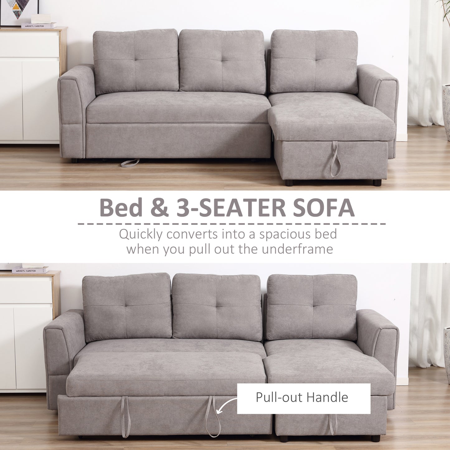 Kaba Fabric Light Grey 3 Seater Sofa Bed With Hidden Storage
