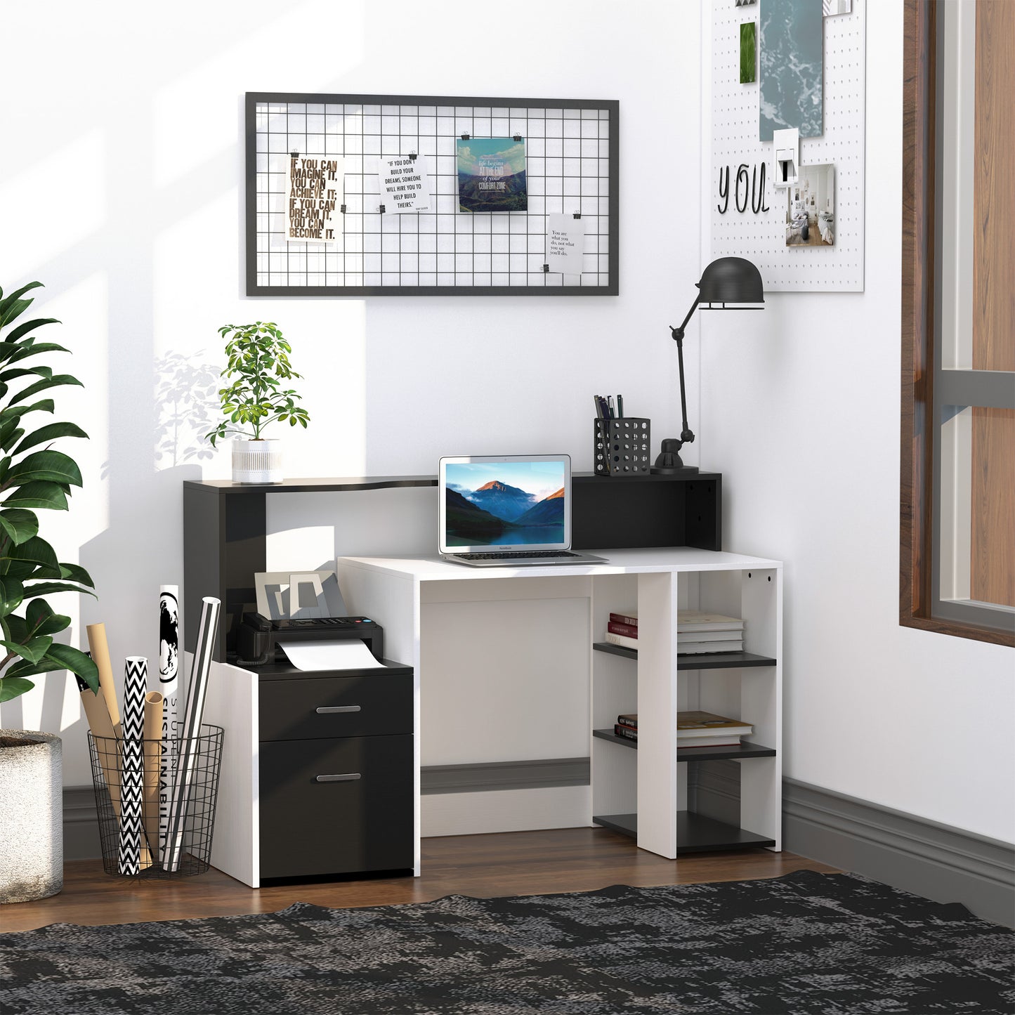 Lisodi 137cm Wooden Black And White Office Workstation Desk With Drawers Shelves And Printer Stand 137 x 55 x 92 cm