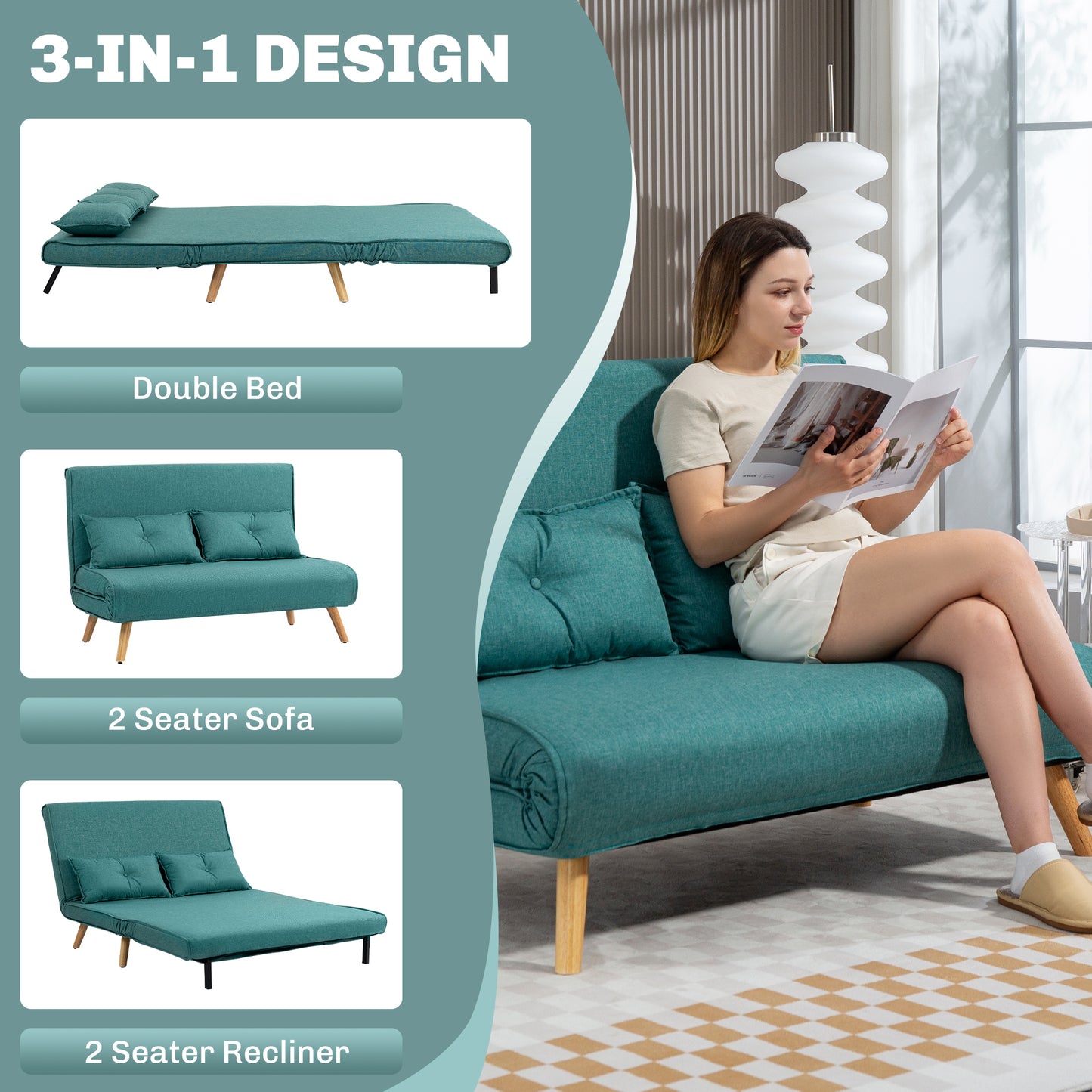 Baroma Tadi Linen Look Green 2 Seater Sofa Bed