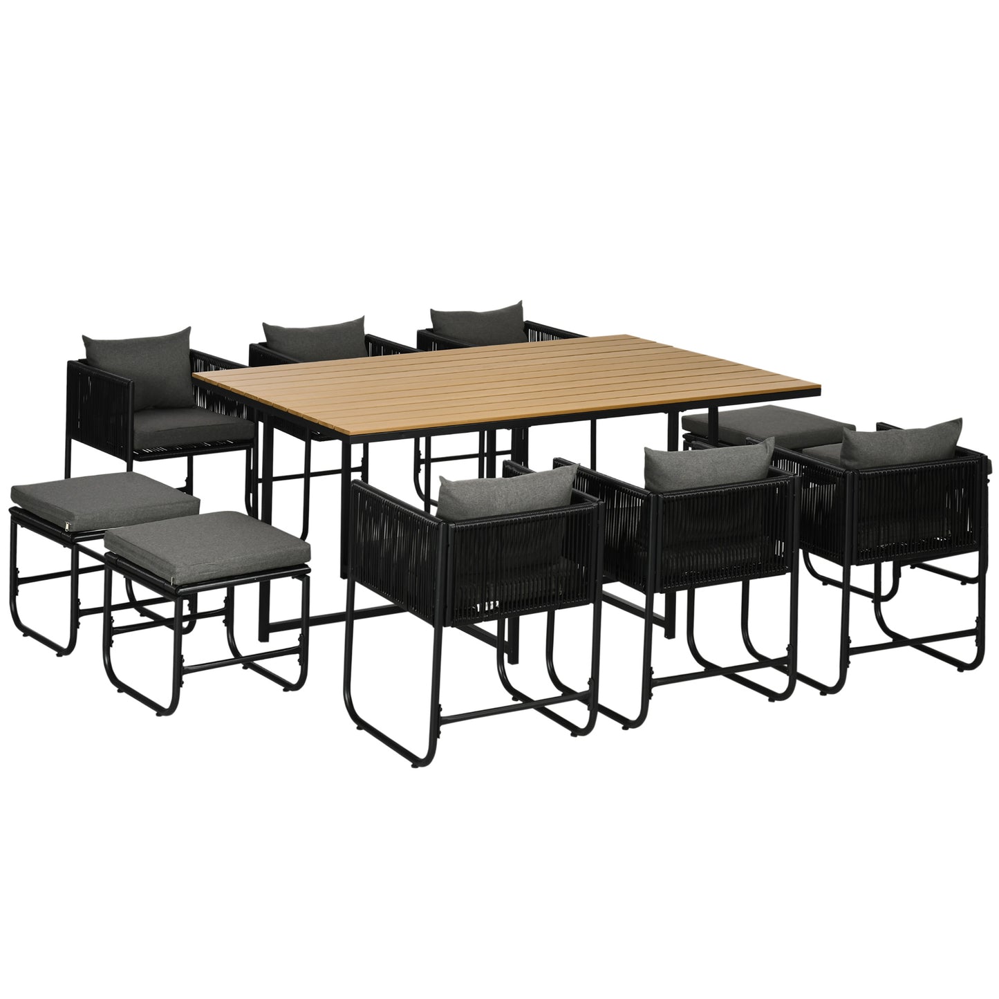 Latata Black Rattan String 10 Seater Cube Garden Dining Set With Stools And Rectangular Table