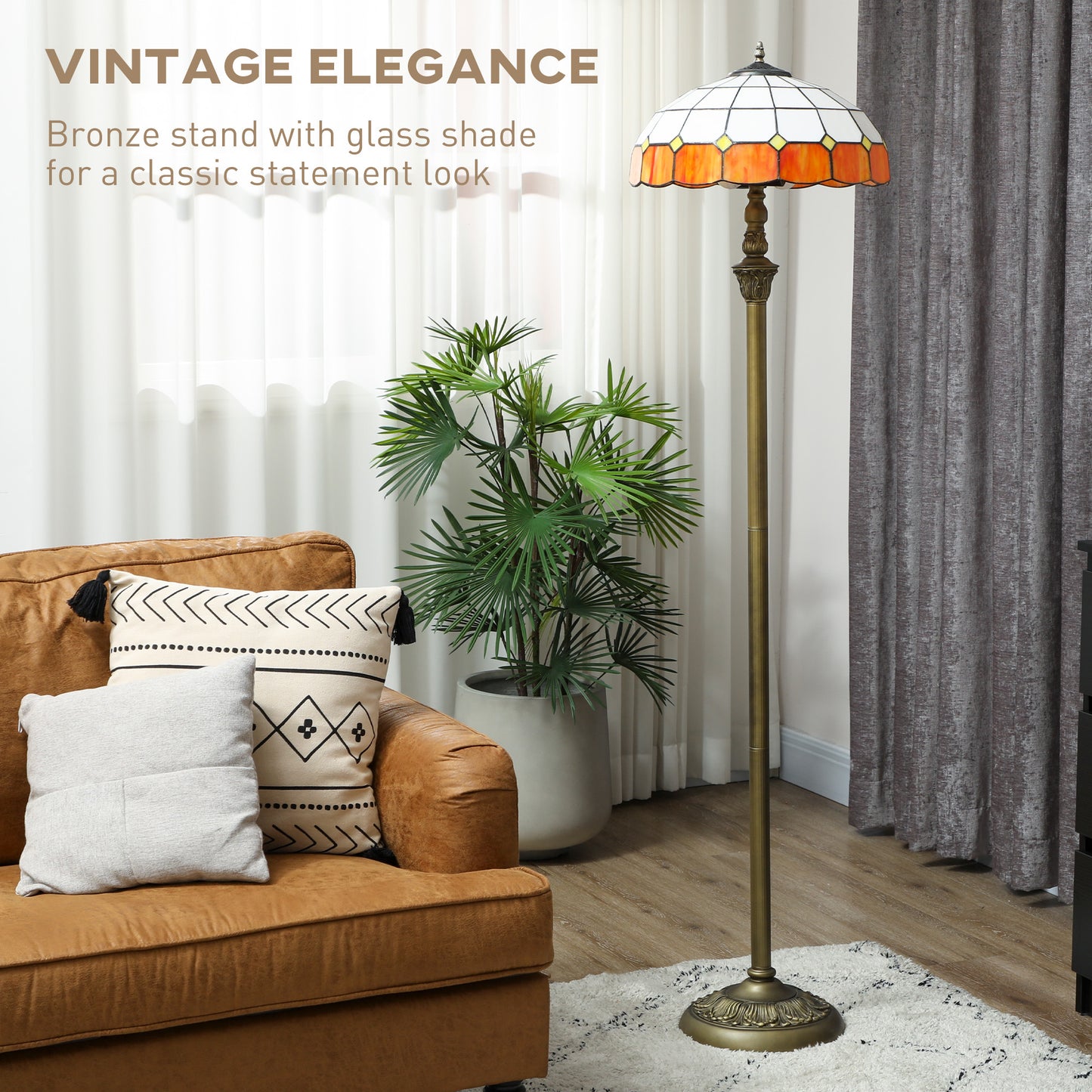Rakelo Metal And Glass Bronze And Orange Tiffany Style Floor Lamp With Handcrafted Stained Shade