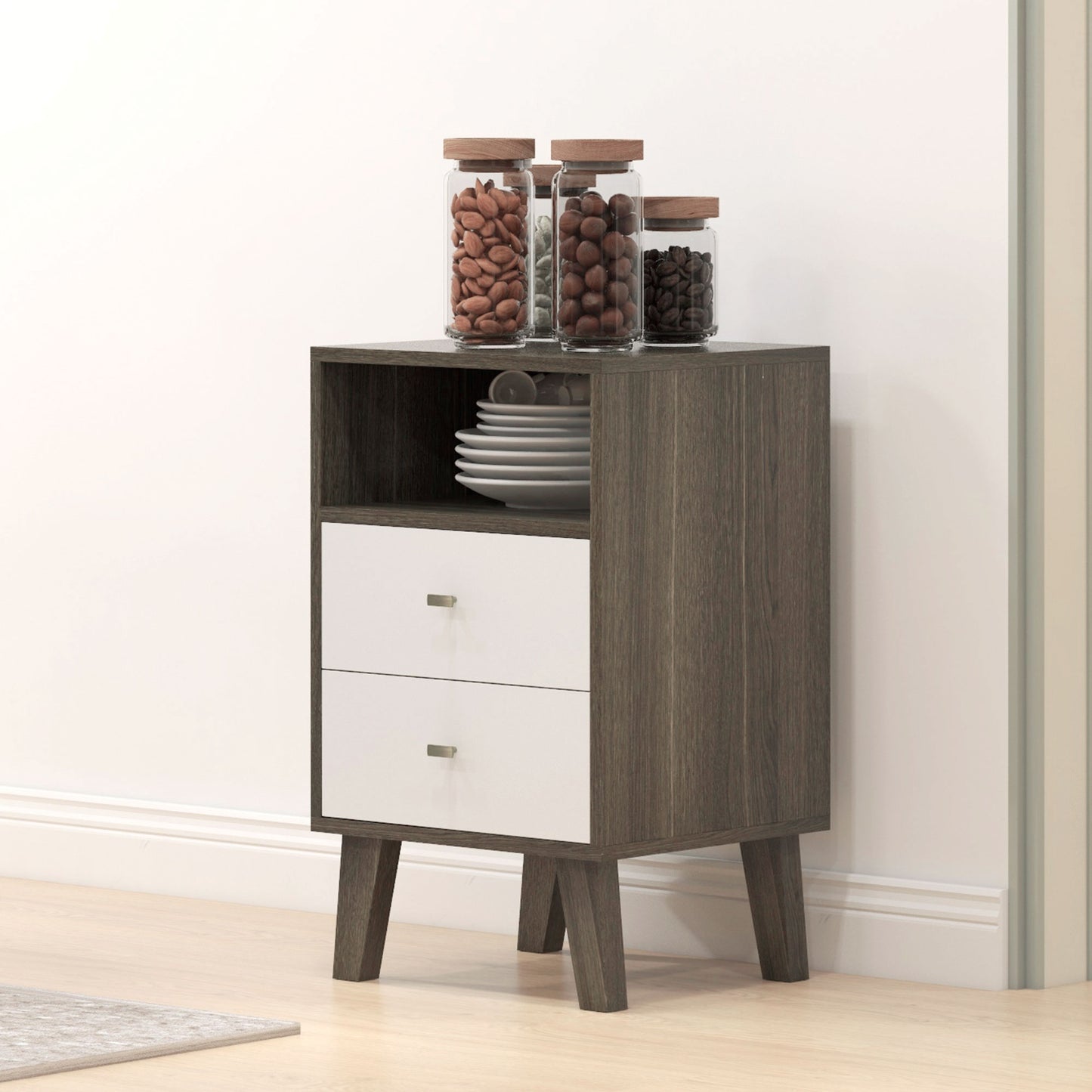 Cosana Grey and White Scandinavian Bedside Table With Drawers And Open Shelf