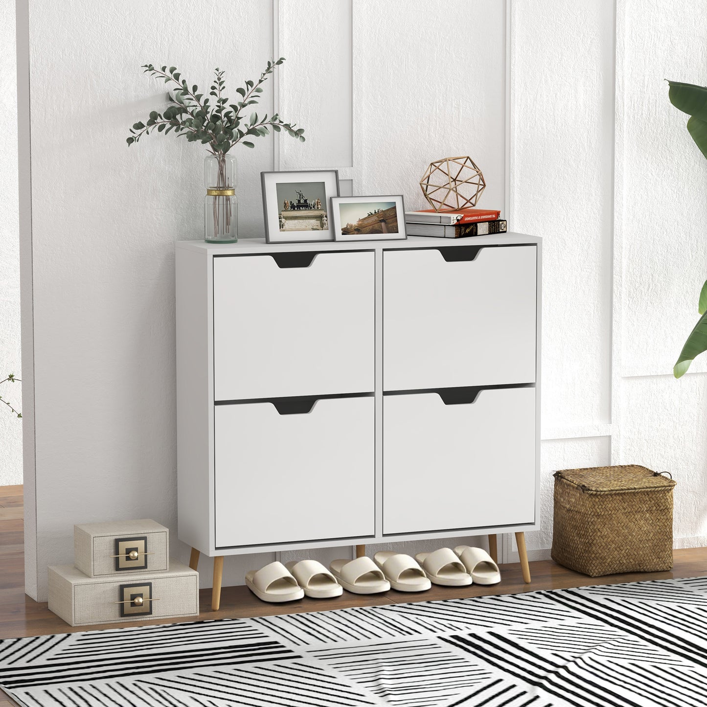 Toyo Wooden White Shoe Cabinet With 4 Flip Drawers for 16 Pairs