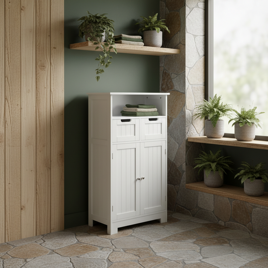 Sore Neco Freestanding White Bathroom Storage Unit With 2 Drawers And Adjustable Shelving