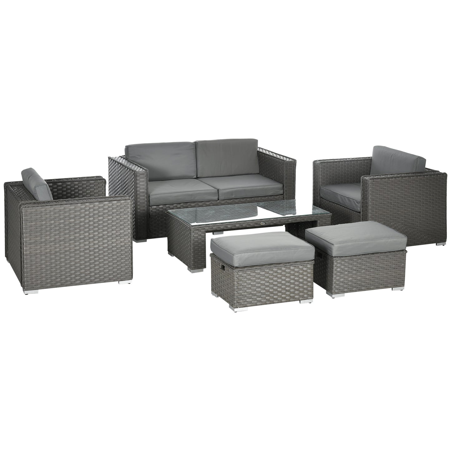 Reelne 6 Seater Rattan Grey Outdoor Sofa Set With Aluminium Frame Loveseat Stools And Table