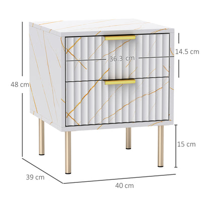Rivisu White and Gold Art Deco Bedside Table 2 Ribbed Drawers