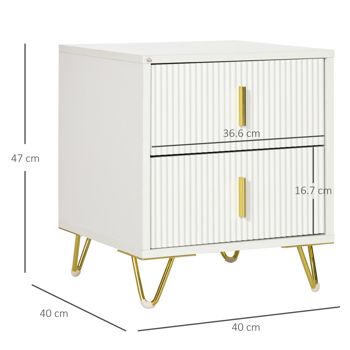 Bapano White And Gold 2 Drawer Ribbed Bedside Table Gold Accents